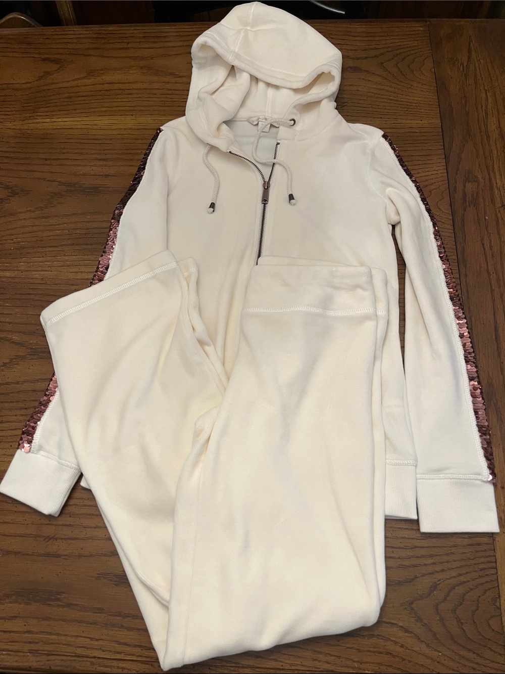 Boston Proper Cream Hoodie & Jogger Set with Sequin Stripe, size small